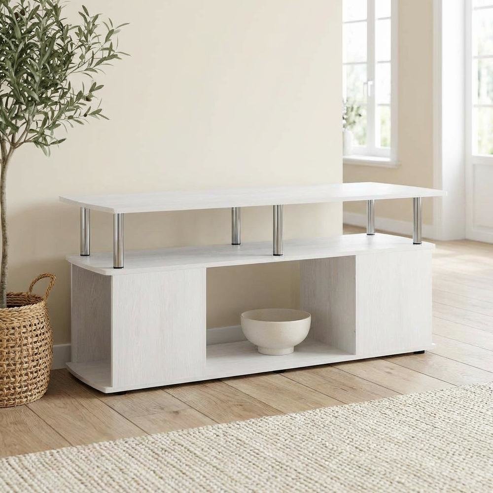 White Oak Coffee Table with Stainless Steel Tubes and Utility Design