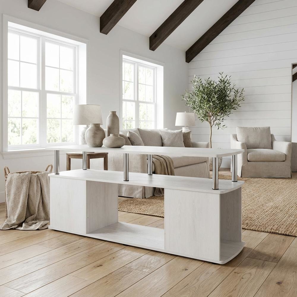 White Oak Coffee Table with Stainless Steel Tubes and Utility Design