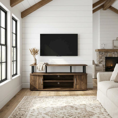 Large entertainment center in brown walnut and black finish with ample storage