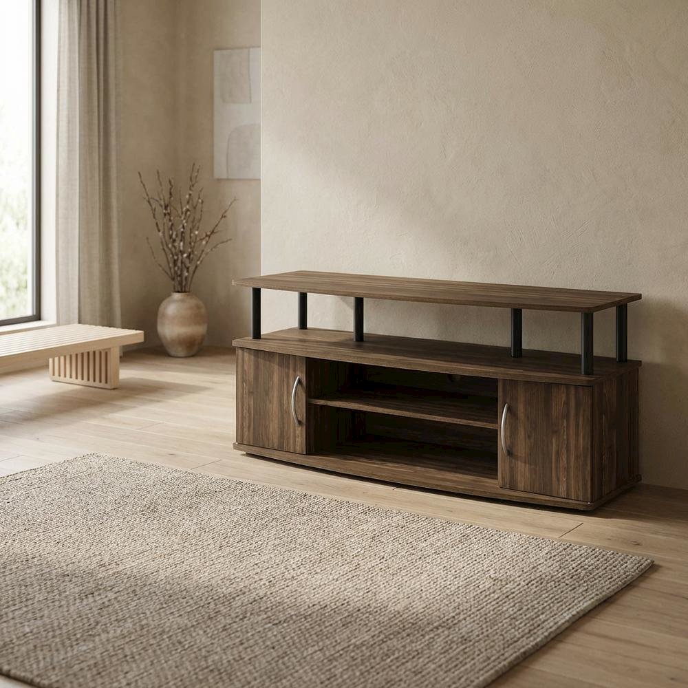 Large entertainment center in brown walnut and black finish with ample storage