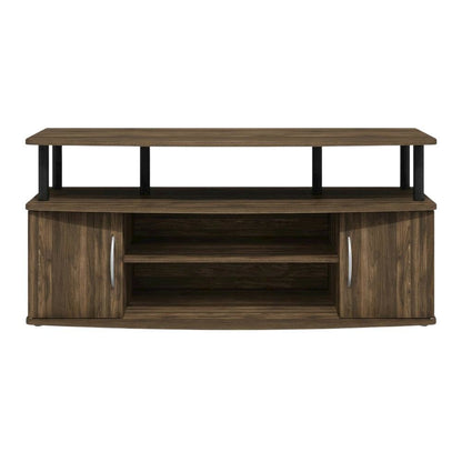 Large entertainment center in brown walnut and black finish with ample storage