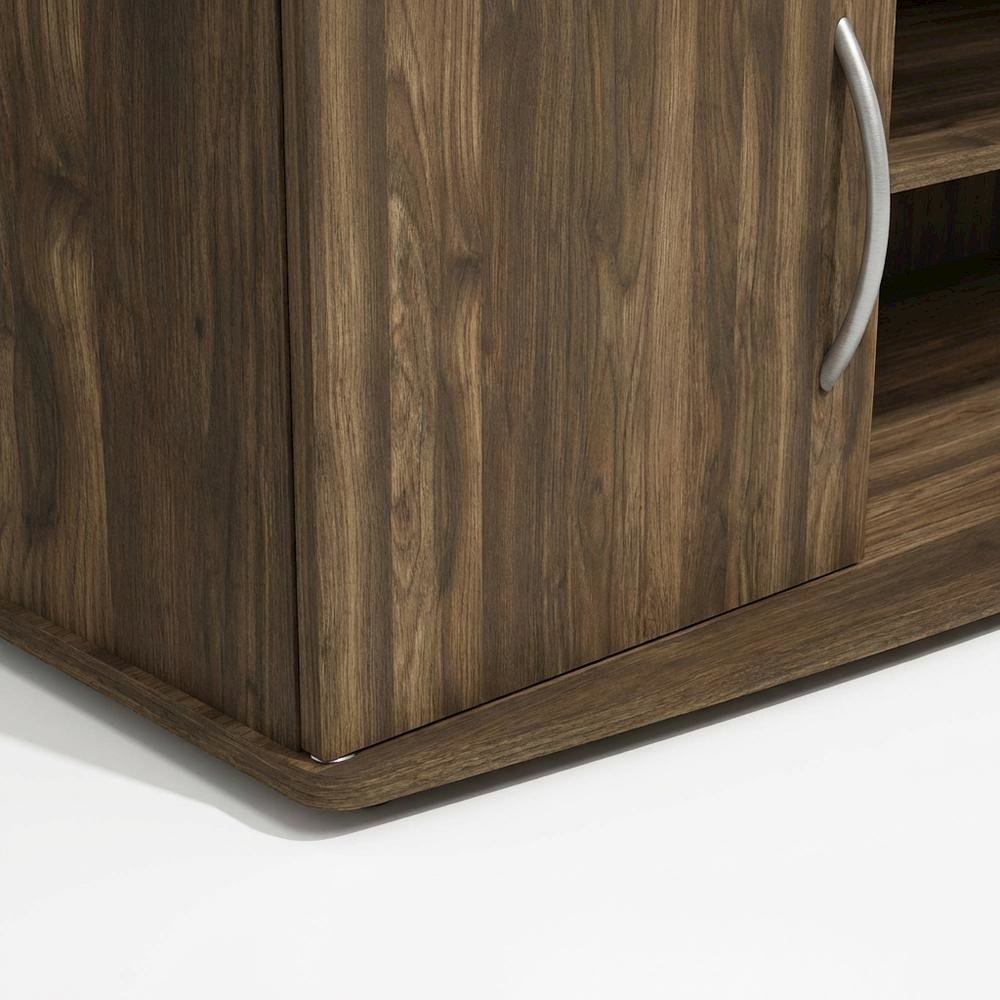 Large entertainment center in brown walnut and black finish with ample storage