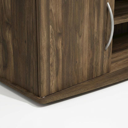 Large entertainment center in brown walnut and black finish with ample storage