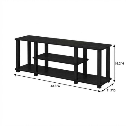 Black wood TV stand,  3-tier design, square tube frame, entertainment setup
