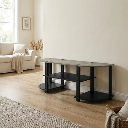 Wide TV entertainment center in French Oak Grey, black, wood, PVC tubes