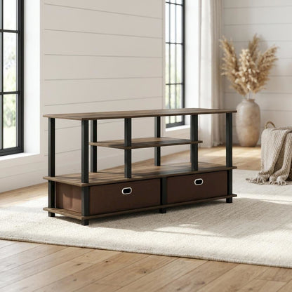 Wood TV stand for up to 50-inch with storage bin in dark brown and black finish