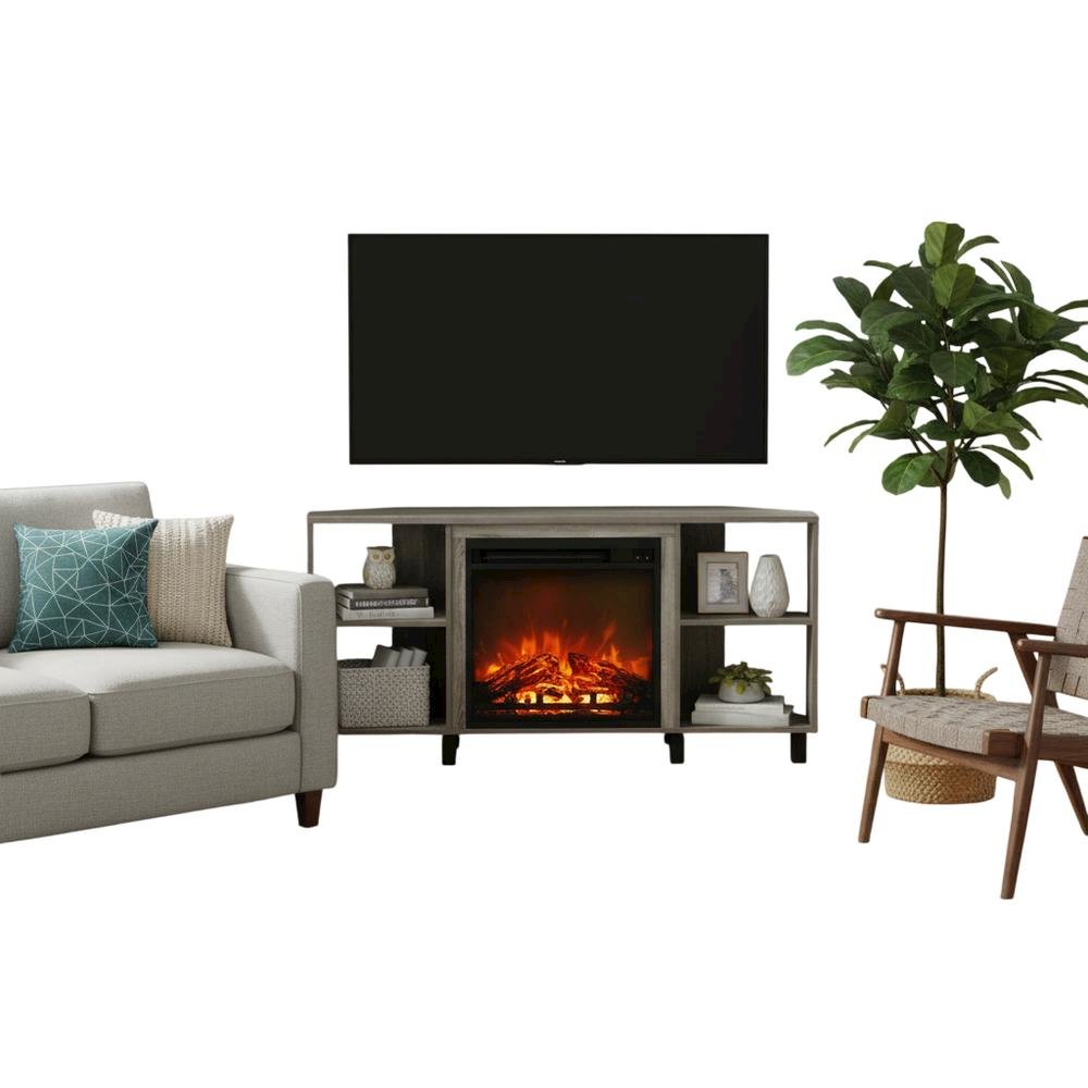 Wood TV stand with metal legs for up to 55-inch screens in French Oak Grey