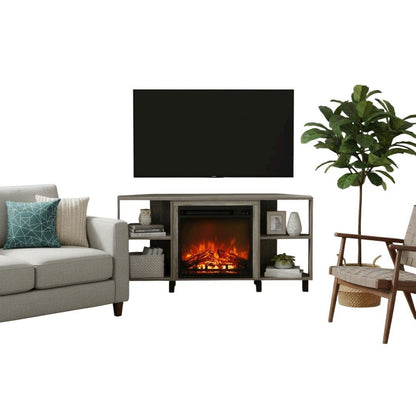 Wood TV stand with metal legs for up to 55-inch screens in French Oak Grey