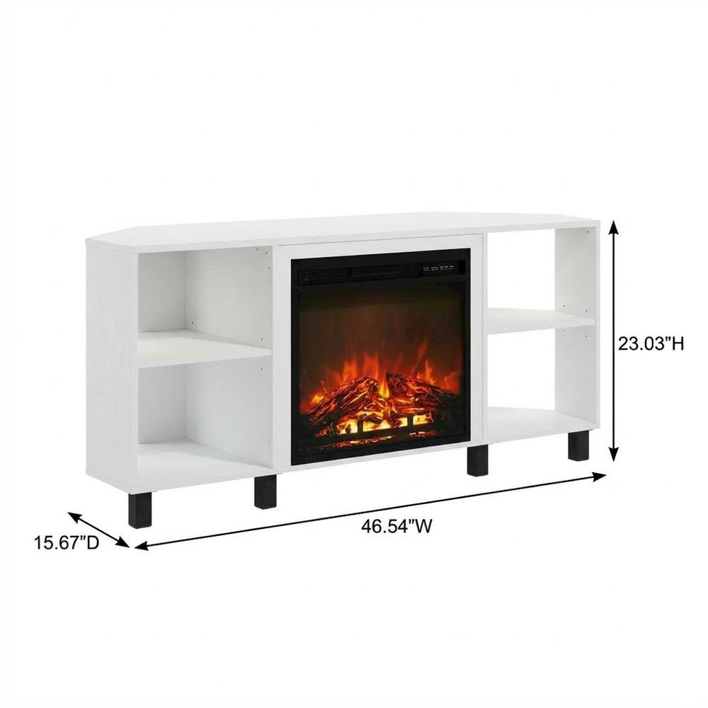 White Corner Fireplace TV Stand with 4 Open Storage Compartments in Wood Finish