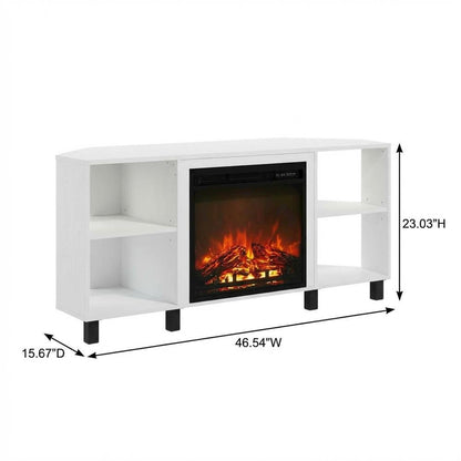 White Corner Fireplace TV Stand with 4 Open Storage Compartments in Wood Finish