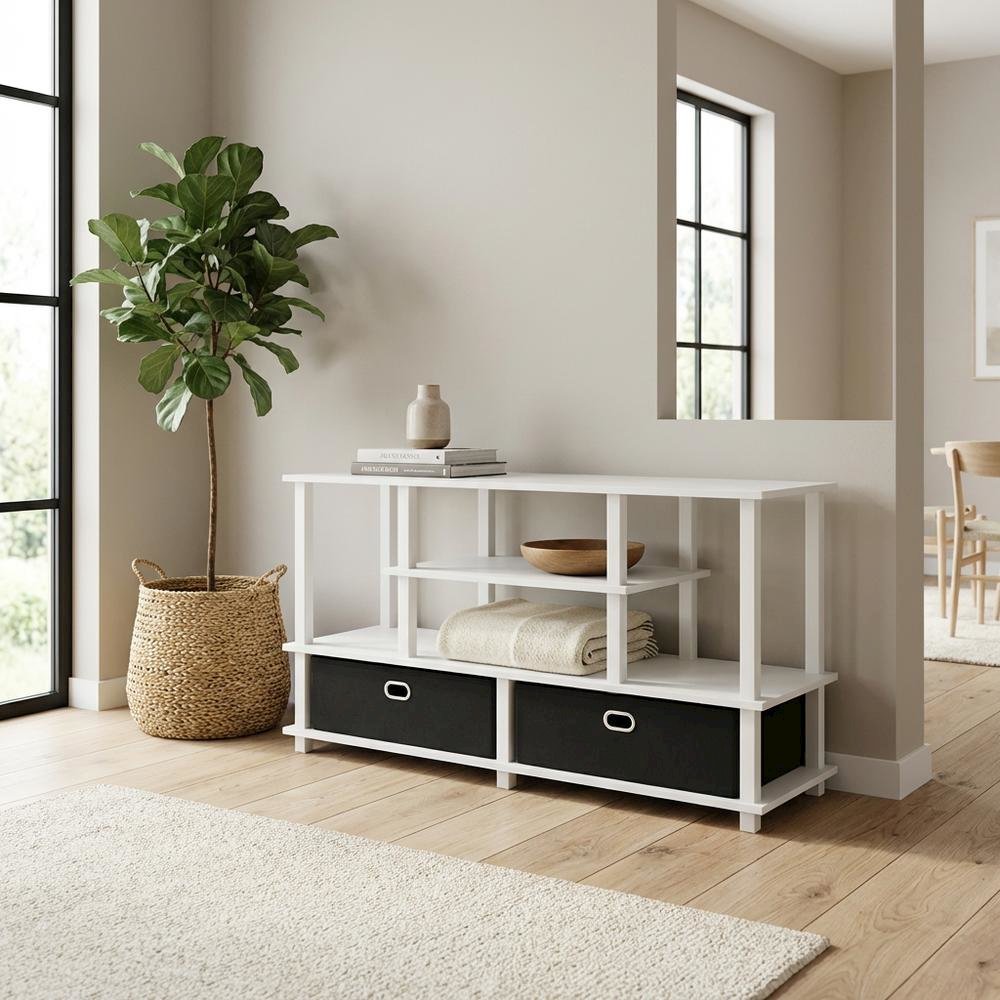 White Large TV Stand, 55-Inch Screens, Storage Bin, Solid Wood construction