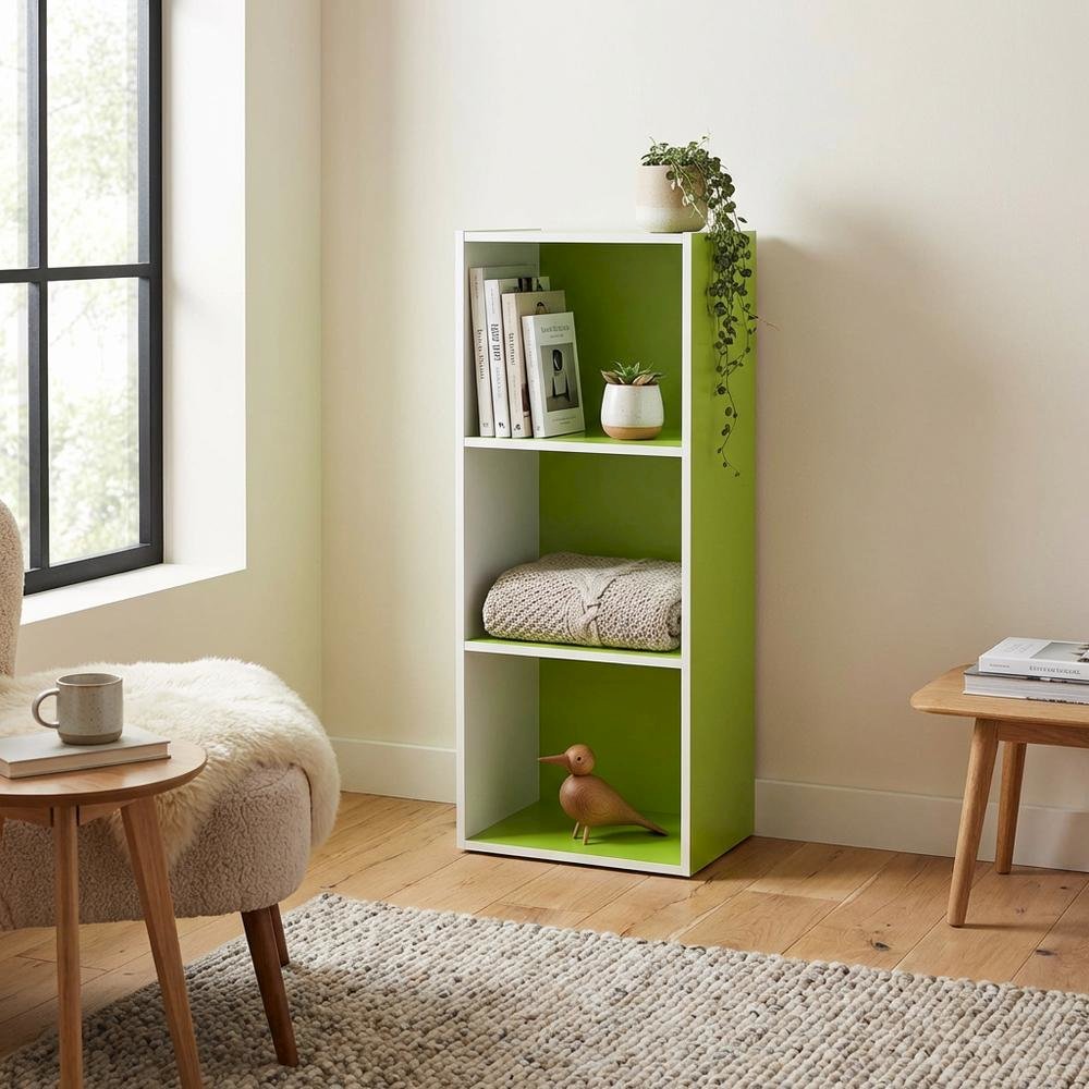 White/Green 3-Tier Open Shelf Bookcase with Ample Storage and Modern Design