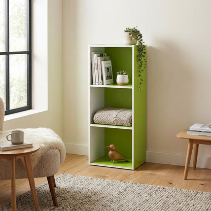 White/Green 3-Tier Open Shelf Bookcase with Ample Storage and Modern Design