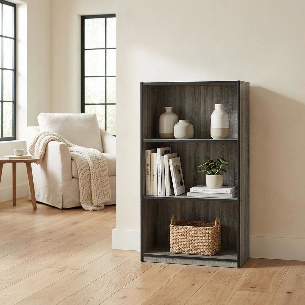 Grey 3-Tier Bookcase with Wood Shelves for Organized Storage