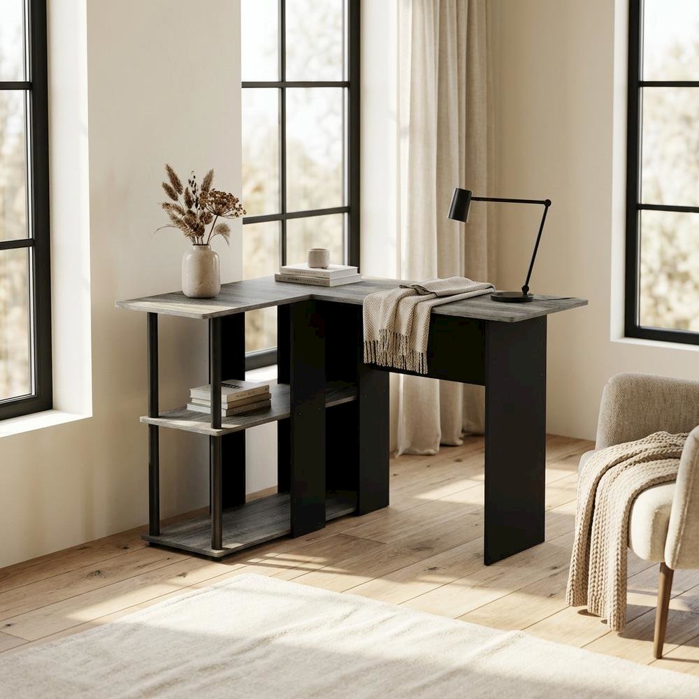 L-Shape Desk with Bookshelf, French Oak Grey/Black, Modern Computer Workstation
