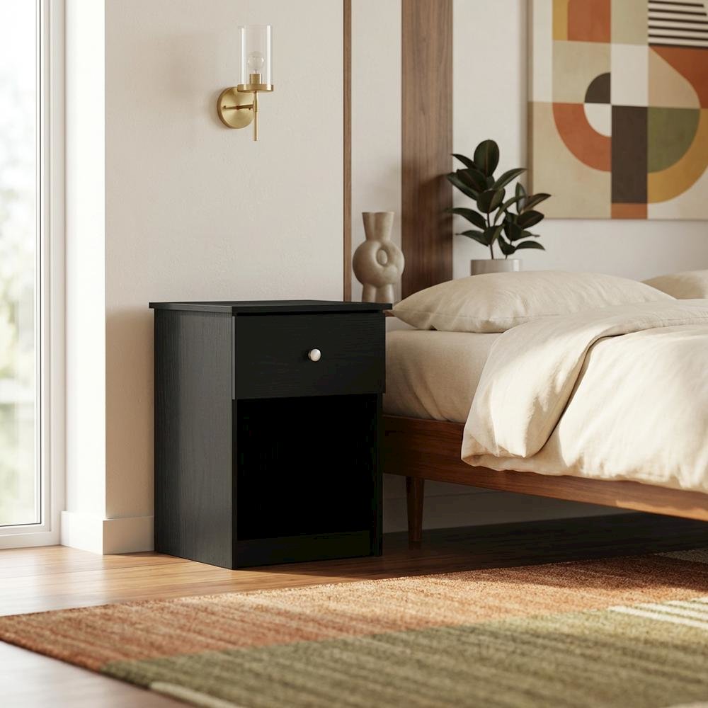 Black wood nightstand with one drawer and modern design