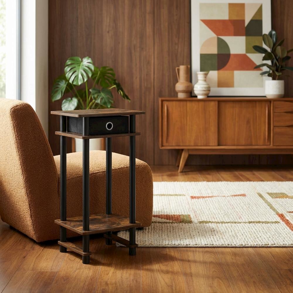 Amber Pine and Black Tall End Table with Storage Bin for Living Room
