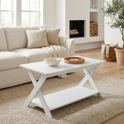 White Modern Simplistic Coffee Table with Criss-Crossed Base