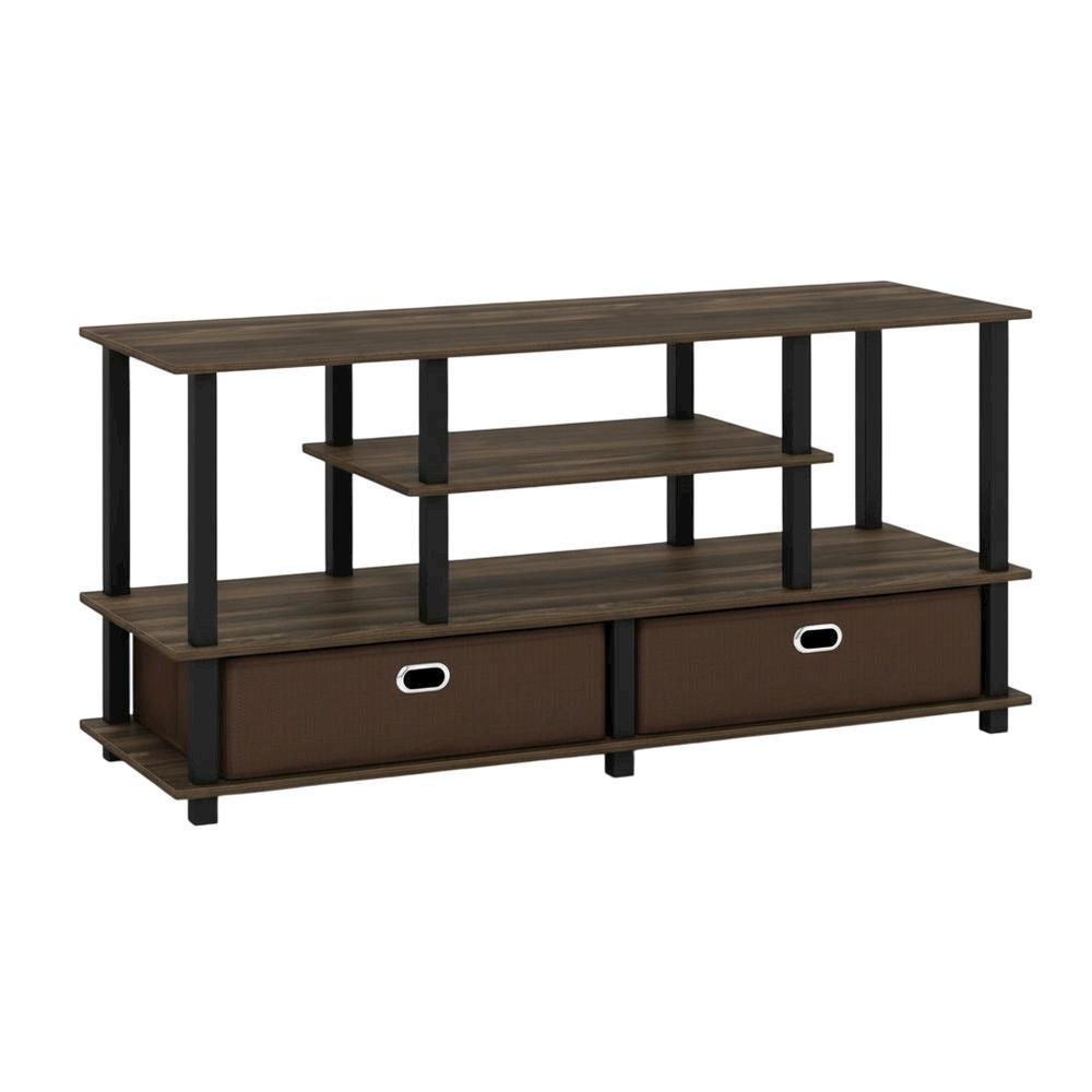Wood TV stand for up to 50-inch with storage bin in dark brown and black finish