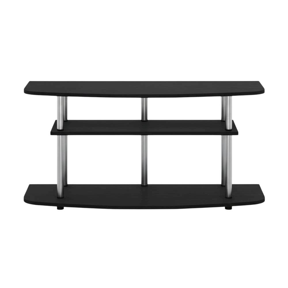 Wood TV stand in black oak finish, 3-tier open shelves, living room storage