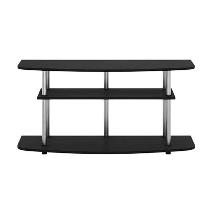 Wood TV stand in black oak finish, 3-tier open shelves, living room storage