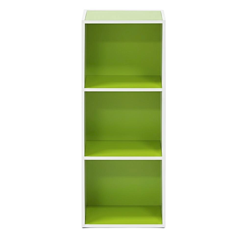 White/Green 3-Tier Open Shelf Bookcase with Ample Storage and Modern Design