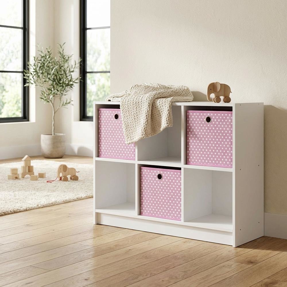 White and Pink 3x2 Bookcase with Bins for Organizing and Storage