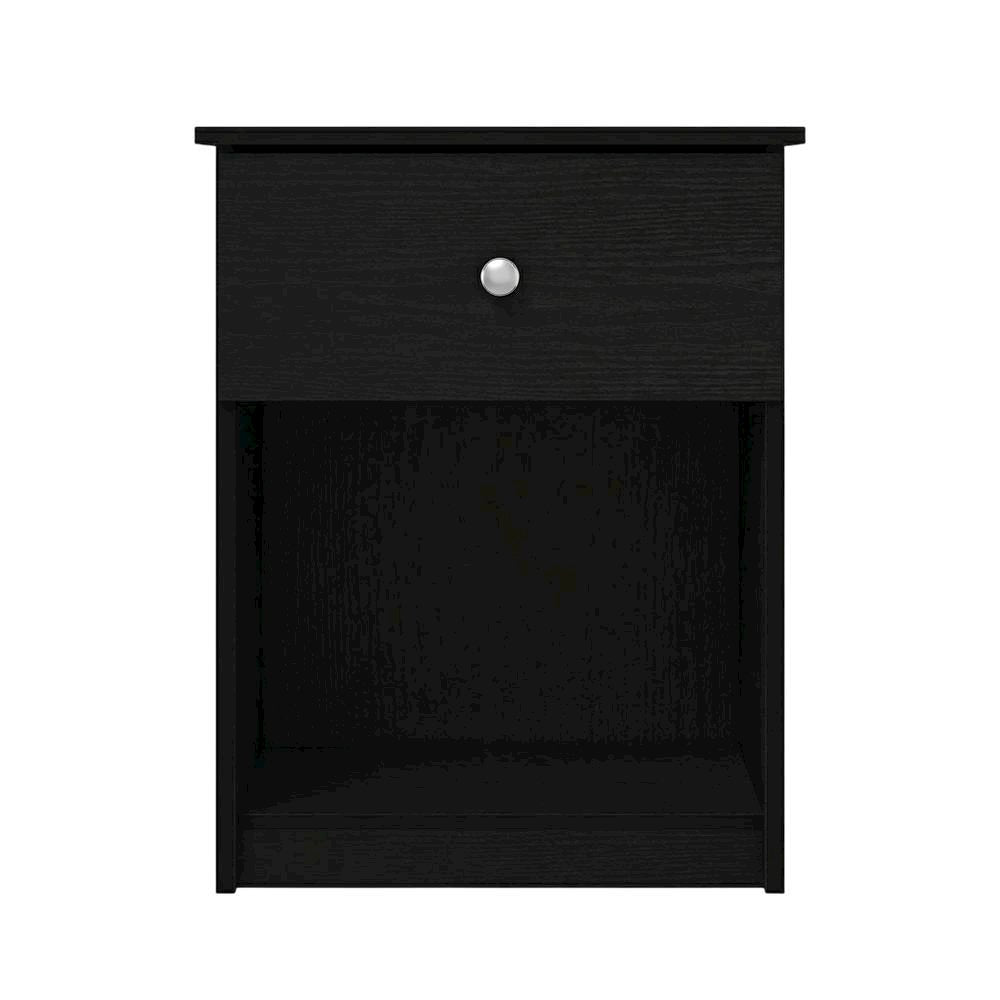 Black wood nightstand with one drawer and modern design
