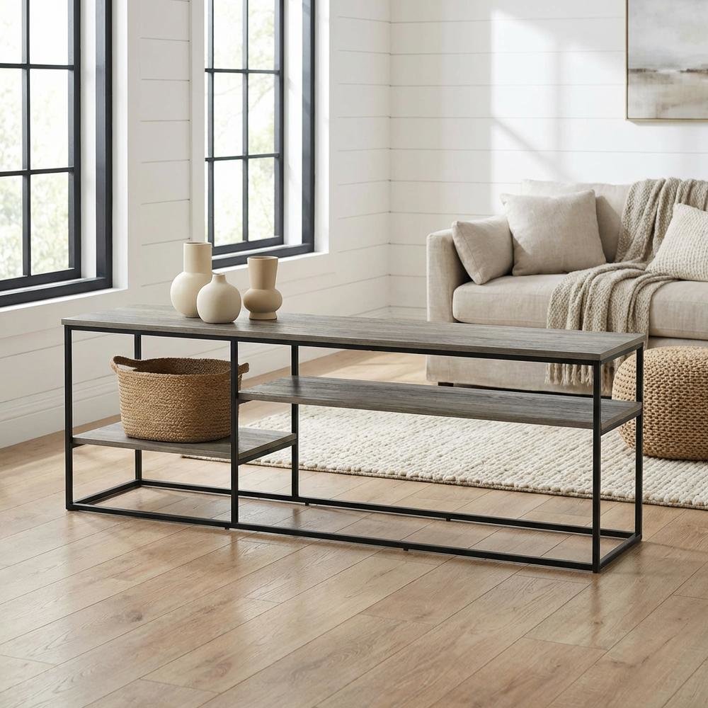 French Oak Grey Wood TV Stand for Up to 78-Inch Screens with Storage Space