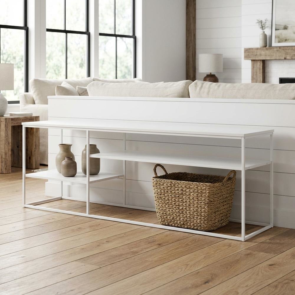 Modern White TV Stand for 78 Inch TVs with Solid Wood Construction
