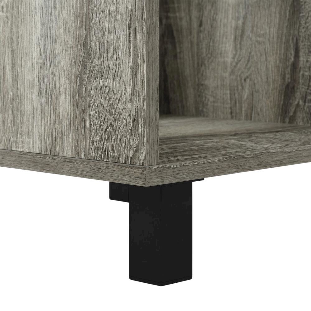 Wood TV stand with metal legs for up to 55-inch screens in French Oak Grey