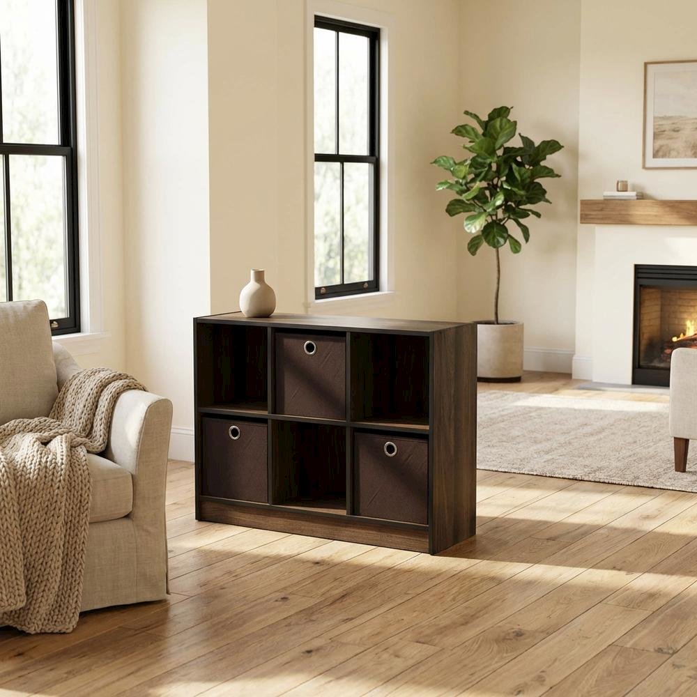 Wooden 3x2 Bookcase with Storage Bins in Walnut Finish for Organized Living