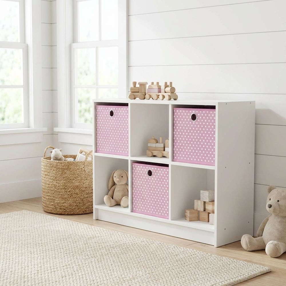 White and Pink 3x2 Bookcase with Bins for Organizing and Storage