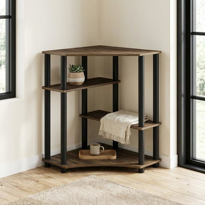Corner Office Desk With Shelves, Columbia Walnut And Black Finish