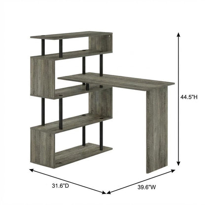 L-Shaped Computer Desk - 5-Tiers, French Oak, Black finish, sturdy workspace