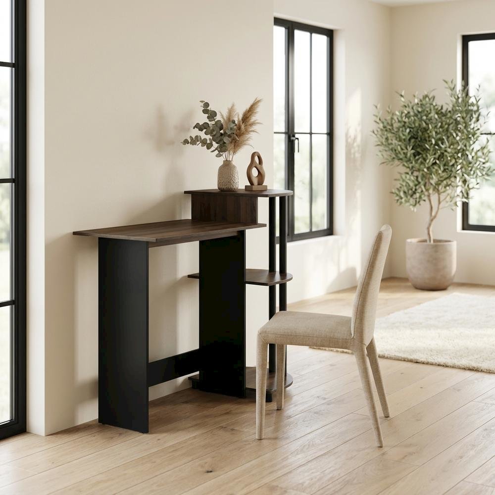 Columbia Walnut and Black Computer Desk with Shelves for Compact Workspaces