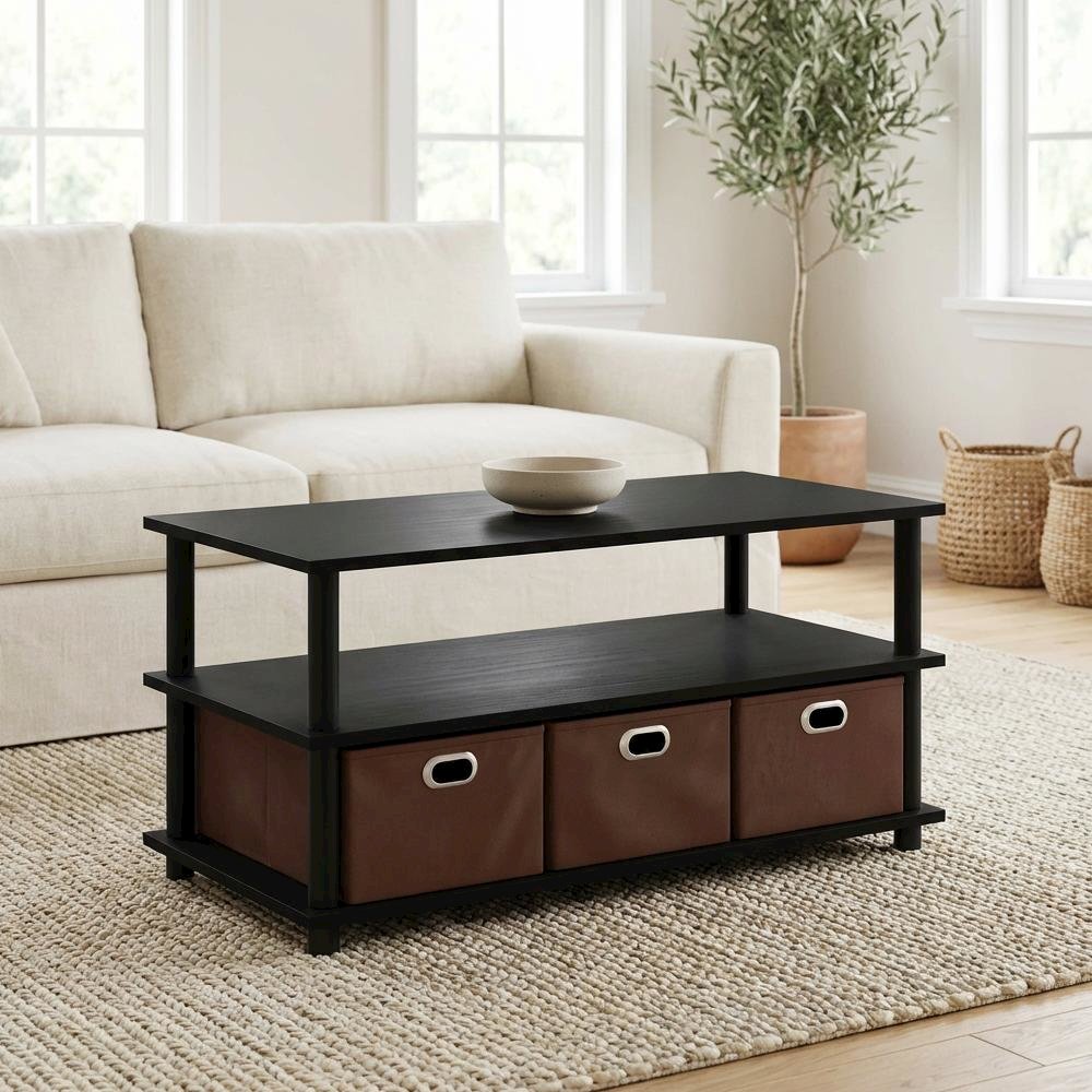 Black Oak Turn-N-Tube Coffee Table with Bin Drawers and Compact Storage