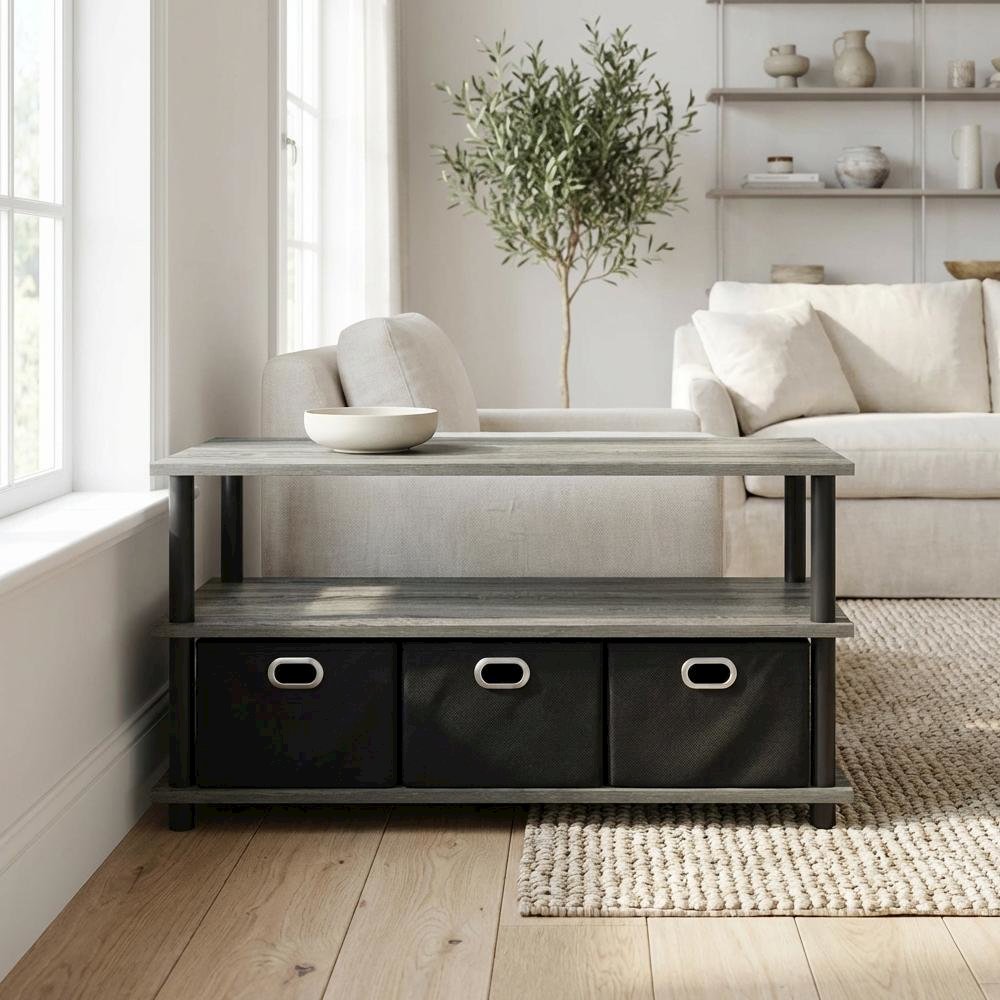 French Oak and Black Coffee Table with Bin Drawers Turn-N-Tube Frame