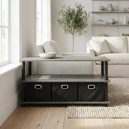 French Oak and Black Coffee Table with Bin Drawers Turn-N-Tube Frame