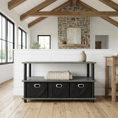 French Oak and Black Coffee Table with Bin Drawers Turn-N-Tube Frame