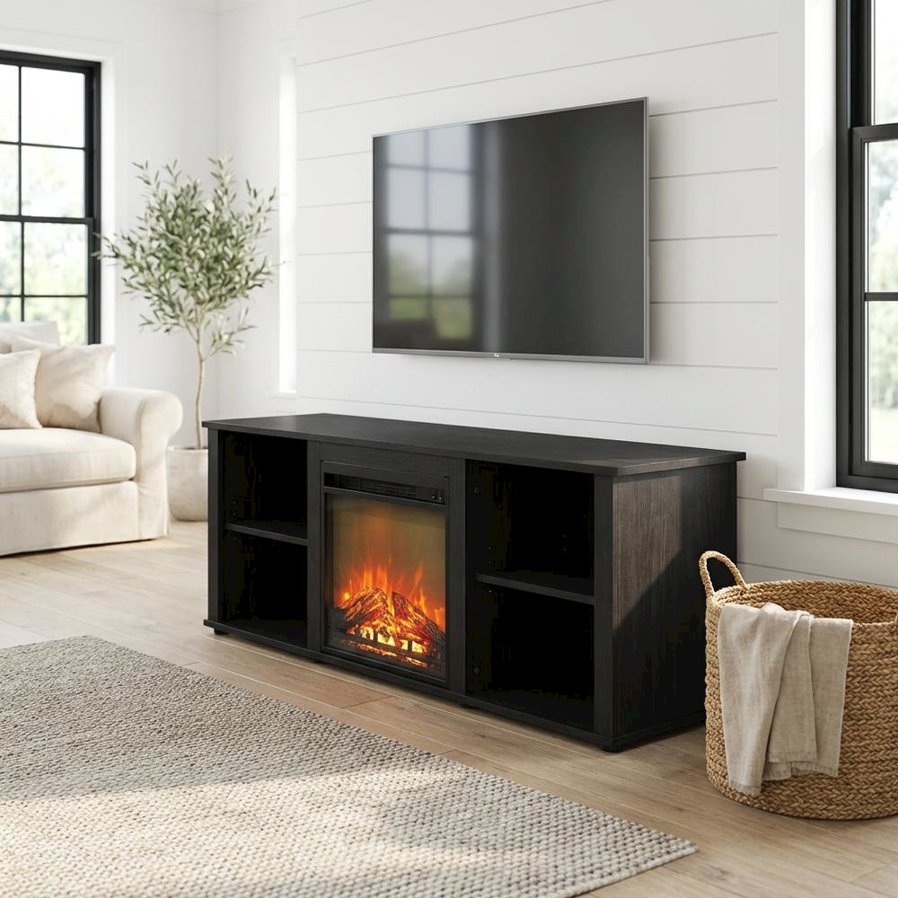 Wood TV stand, fireplace, Americano finish, modern design, multi-functional