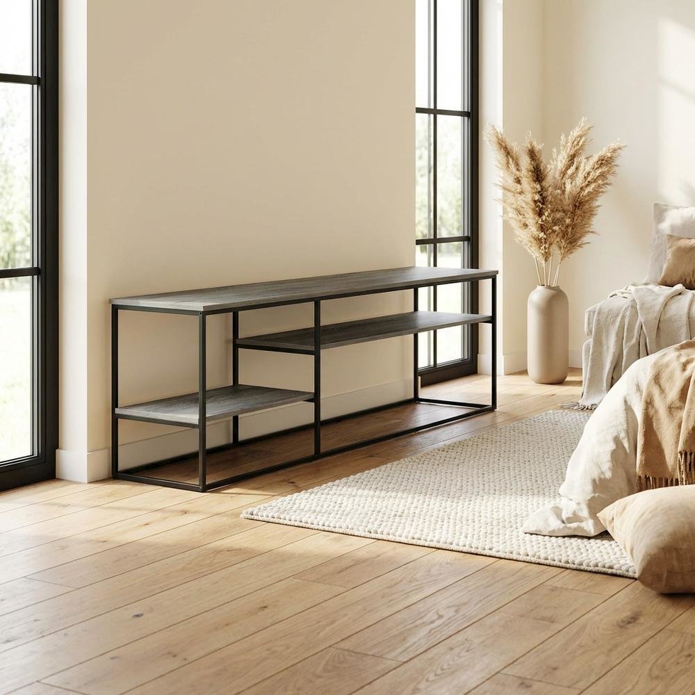 French Oak Grey Wood TV Stand for Up to 78-Inch Screens with Storage Space