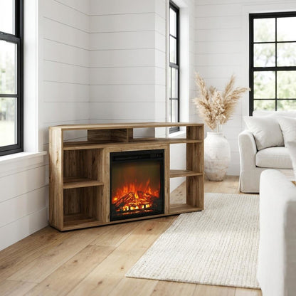 Brown Corner TV Stand with Fireplace for 55-Inch Screens in Rustic Wood Finish