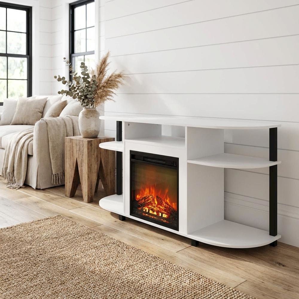 White Entertainment Center Stand with Fireplace for 55-Inch TVs, Solid Wood