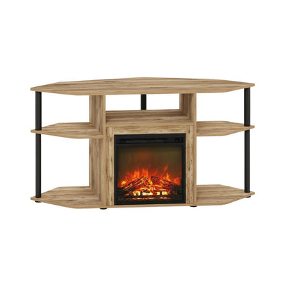 Black open storage corner fireplace TV stand, spacious shelves, 55-inch screens