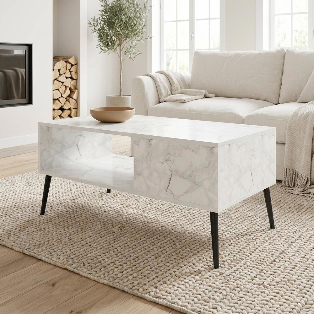 Marble White Coffee Table with Wood Legs Mid Century Style Design