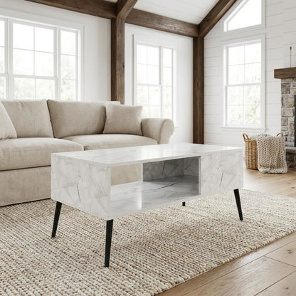 Marble White Coffee Table with Wood Legs Mid Century Style Design