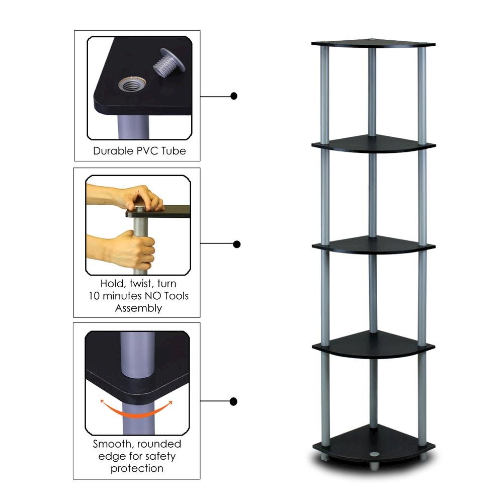 Furinno Turn-N-Tube 4-Tier Corner Display Rack Multipurpose Shelving Unit, Black/Grey