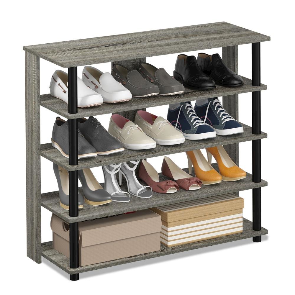Grey Wooden 5-Tier Shoe Rack Organizer for Entryway and Home Storage