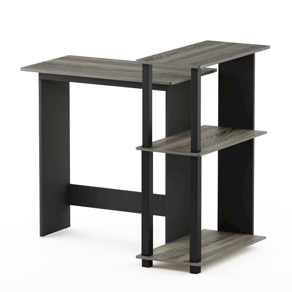 Grey Corner Office Desk with Storage Bookshelf for Writing and Study